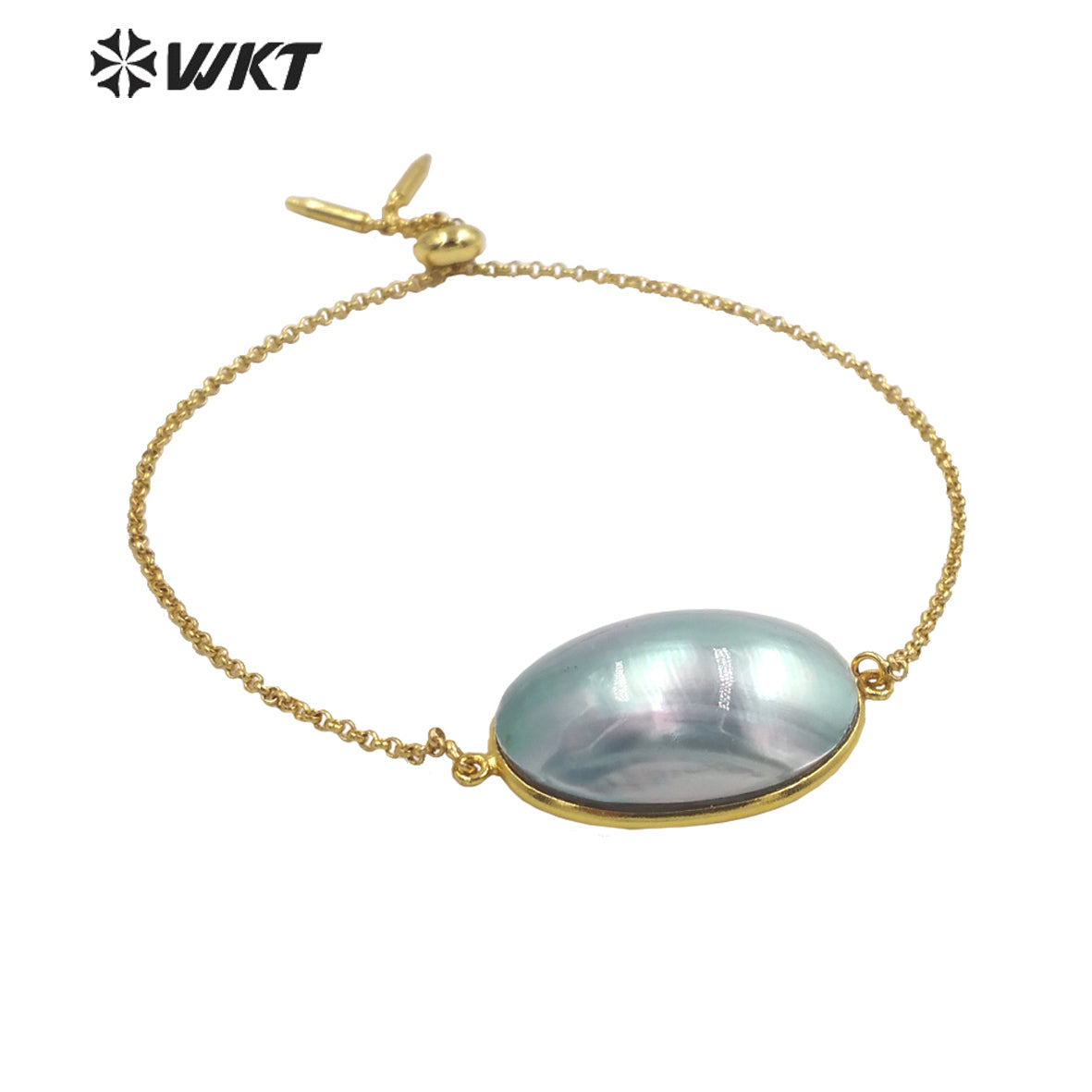 WT-MPB085 Wholesale Fashion Gold Plated Bullet Shape Chain Bracelet With Flash Mabe Shell Bracelet Women Wedding Bracelets