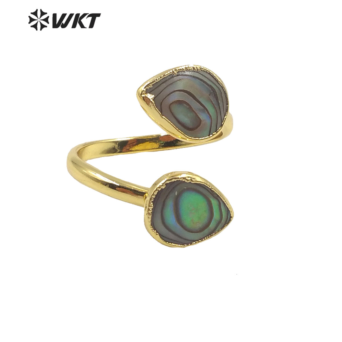 WT-MPR002 Women Adjustable Size Double Drop Green Abalone Shell Rings Gold Electroplated Summer Style Tea Drop Shell Rings