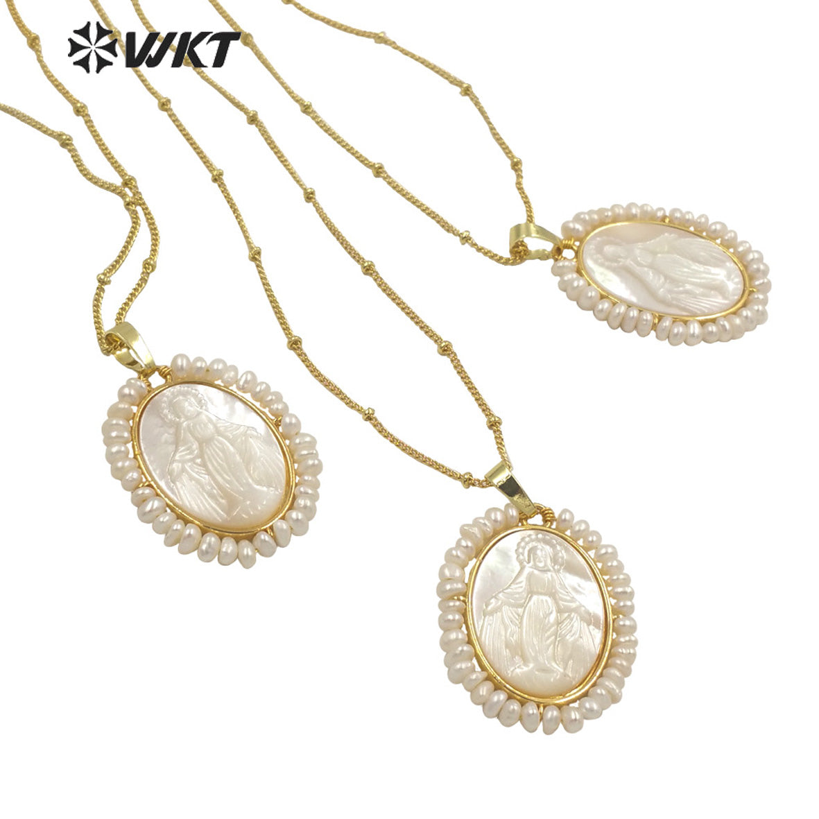 WT-JN156 Newest Charming Tiny Pear Handmade Wire Wrapped Gold Bezel Virgin Mary Shell Necklace Religious White Shell Necklace