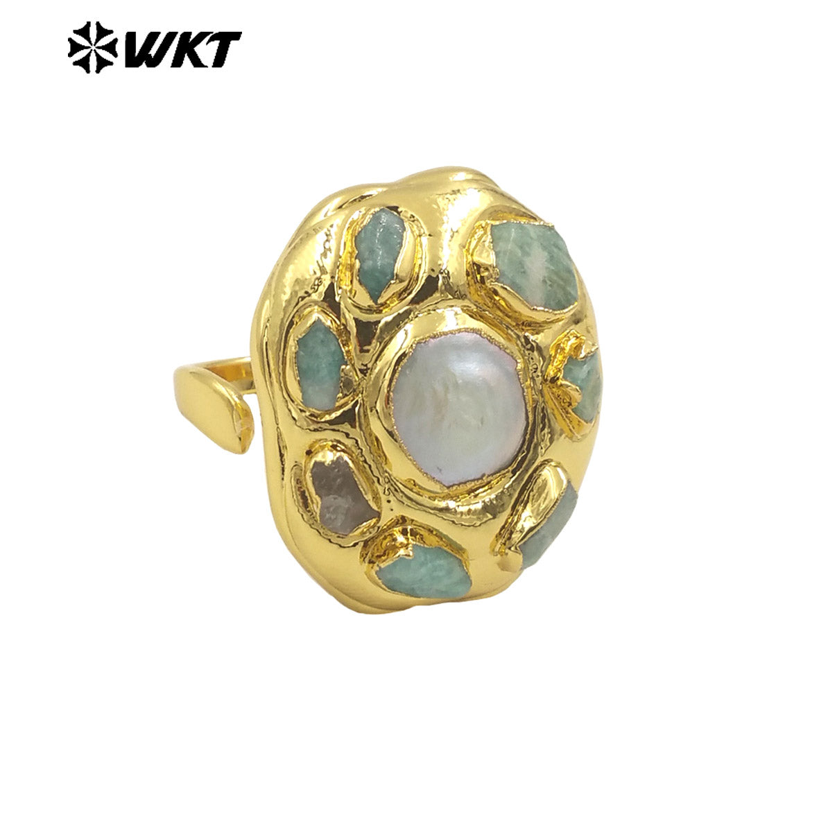 WT-MPR086 Wholesale Fashion 18K Gold Plated Handmade Amazonite Tiny Stone Decorative With Pearl Women Cocktail Ring