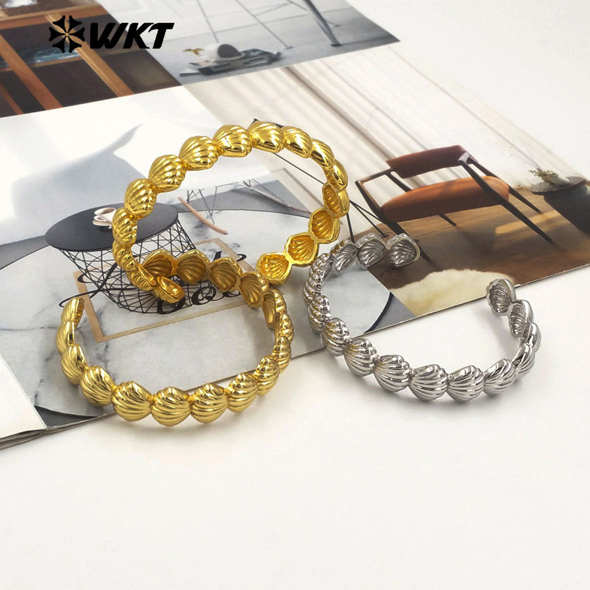 WT-JF355 Newest Shell Shape Cuff Bangle With Gold Silver Plated Metal Yellow Brass For Women Daily Jewelry Resist Tarnishable