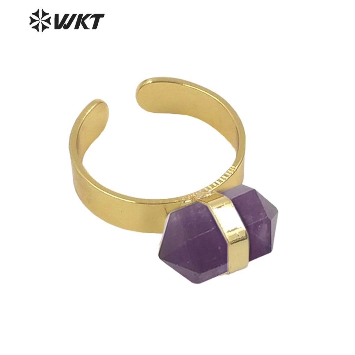 WT-R385 WKT 2022 Beautiful Crystal Amethyst Black Obsidian Hexagon Rings Natural Stone Rings Gold Plated Quartz Point Ring