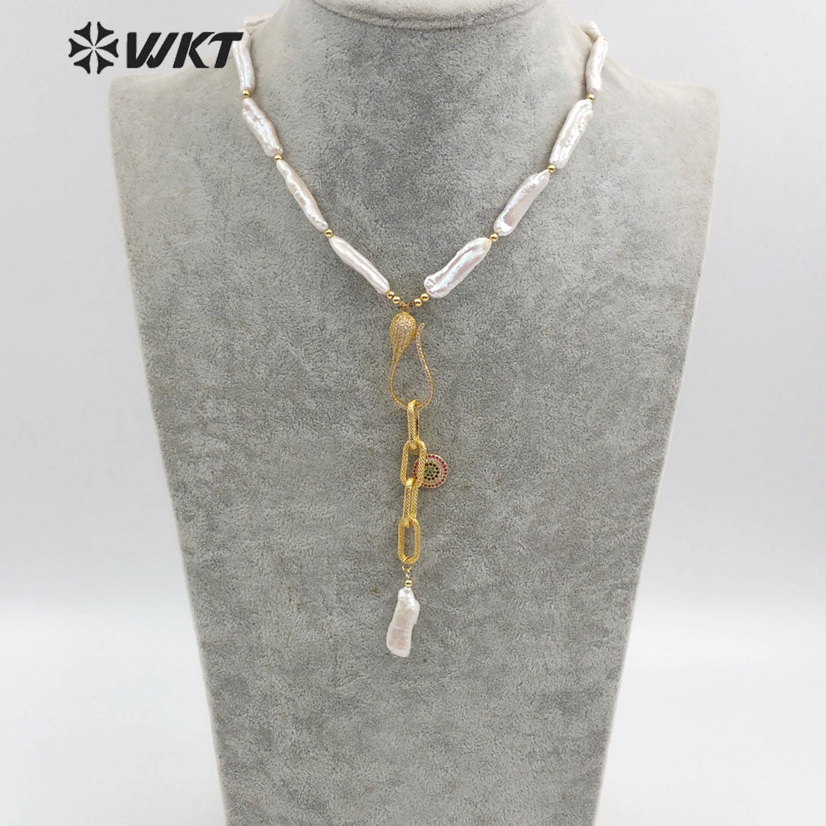 WT-JN110 New Exclusive Design Pearl Chain and Micro Pave Charm Necklace Lady New Fashion Jewelry Natural Pearl Necklace