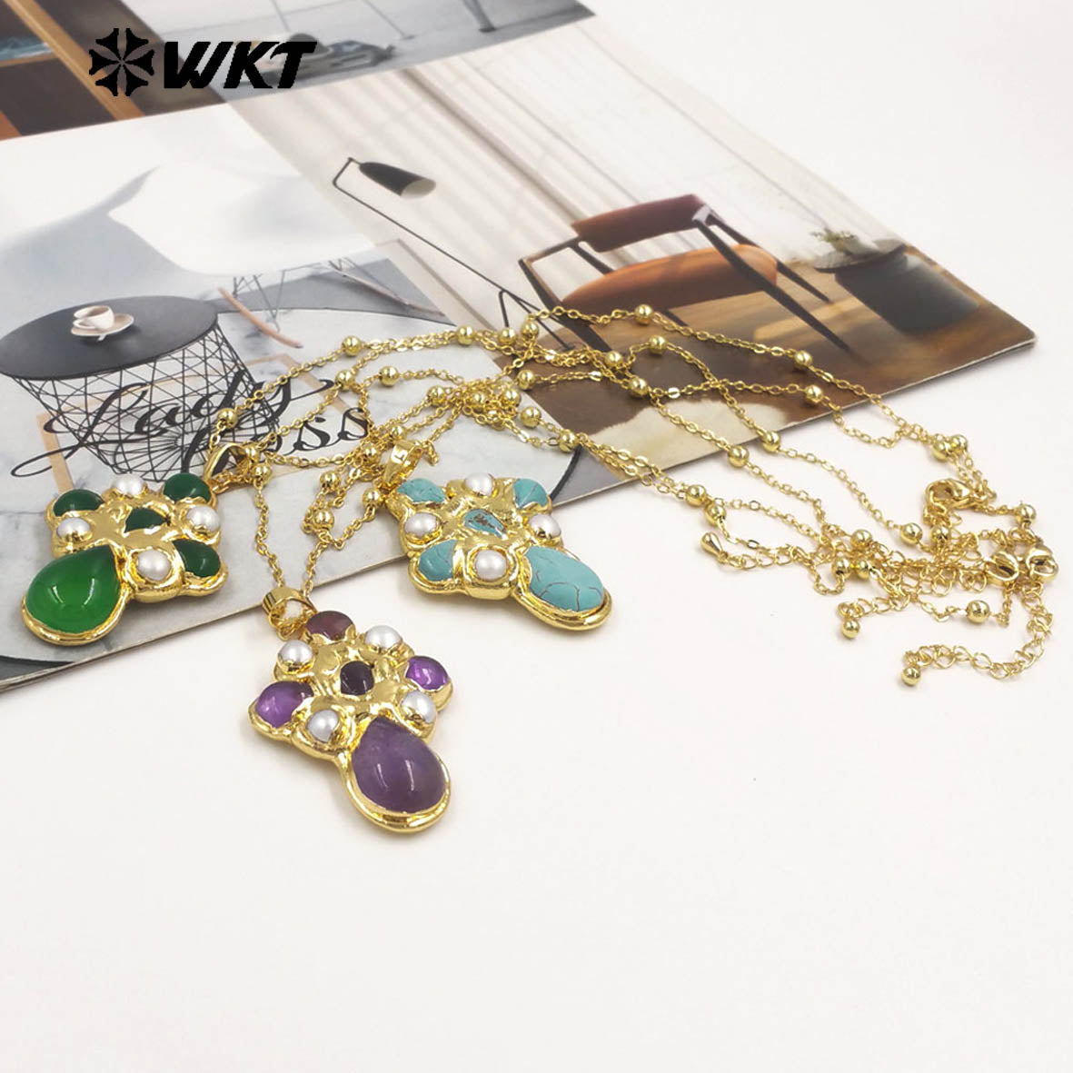 WT-JN297 Brand New Product Elegant 18K Gold Plated Pearl Turquoise Cross Unisex Pendant Necklace Fashion Jewelry Accessories