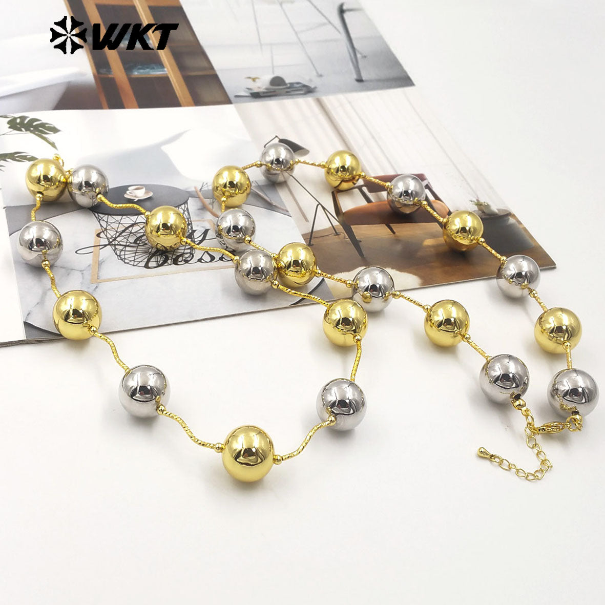 WT-JFN07 Wholesale Fashion 18K Gold Plated Resist Tarnishable Round Big Brass Ball Beads Necklace With Popular Connect Pipe