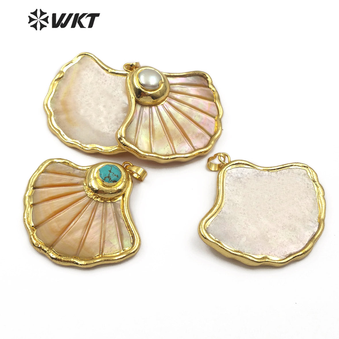 WT-JP101 Gold Scallop Shell Fan-shaped Top with Pearl or Turquoise Embellishment with Two Choices of Gold Plated Shell Pendants