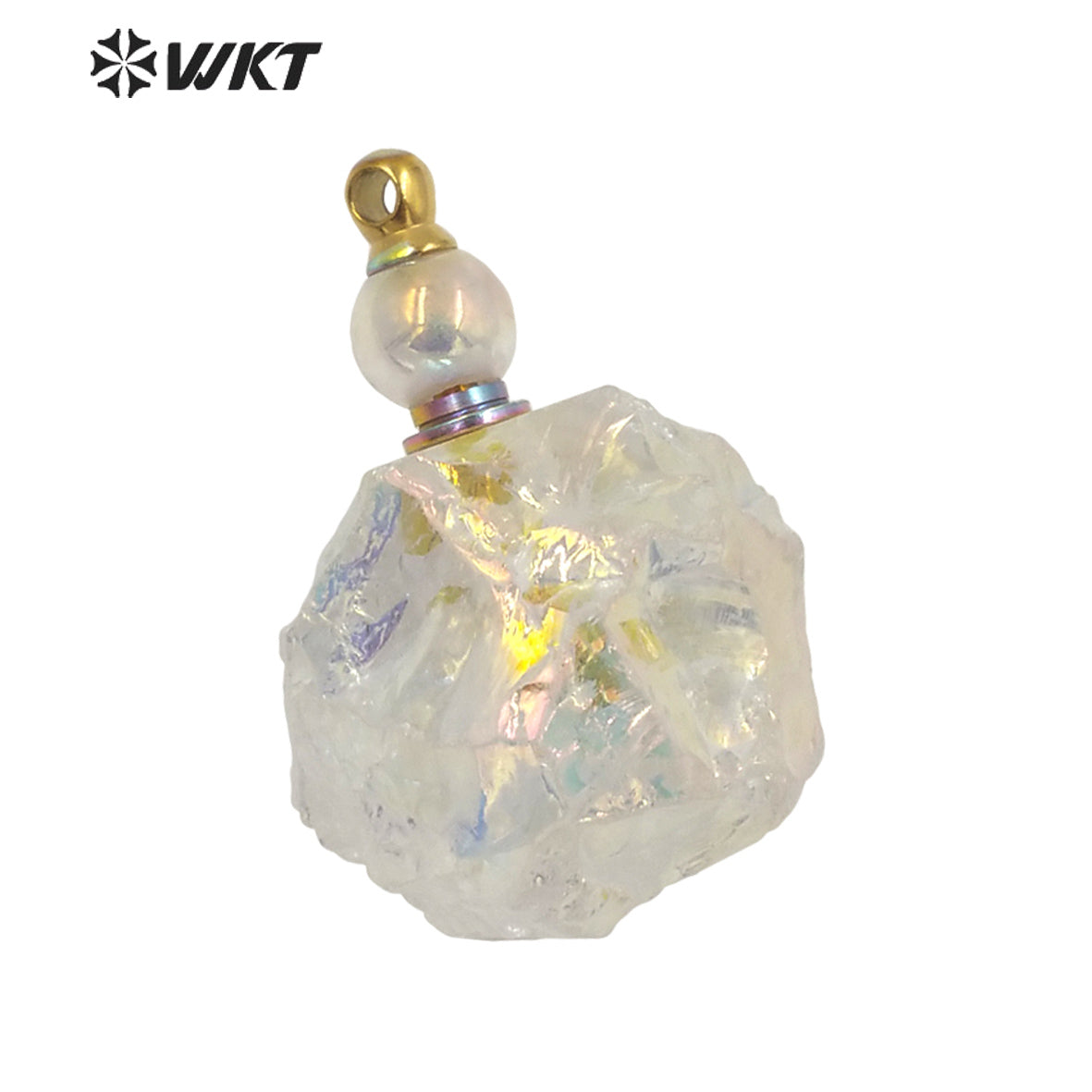 WT-P1632 Amazing Women Natural Raw Crystal by Hammer with Aura Gold Stainless Steel Parts Angel Aura Quartz Perfume Bottle