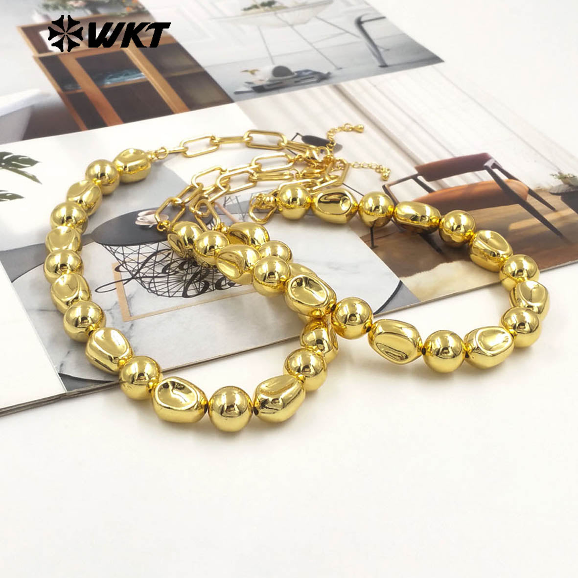 WT-JFN30 Wholesale Customization Simple 18K Gold Plated Natural Brass Round and Flat Bead Women Chain Necklace As Special Gift