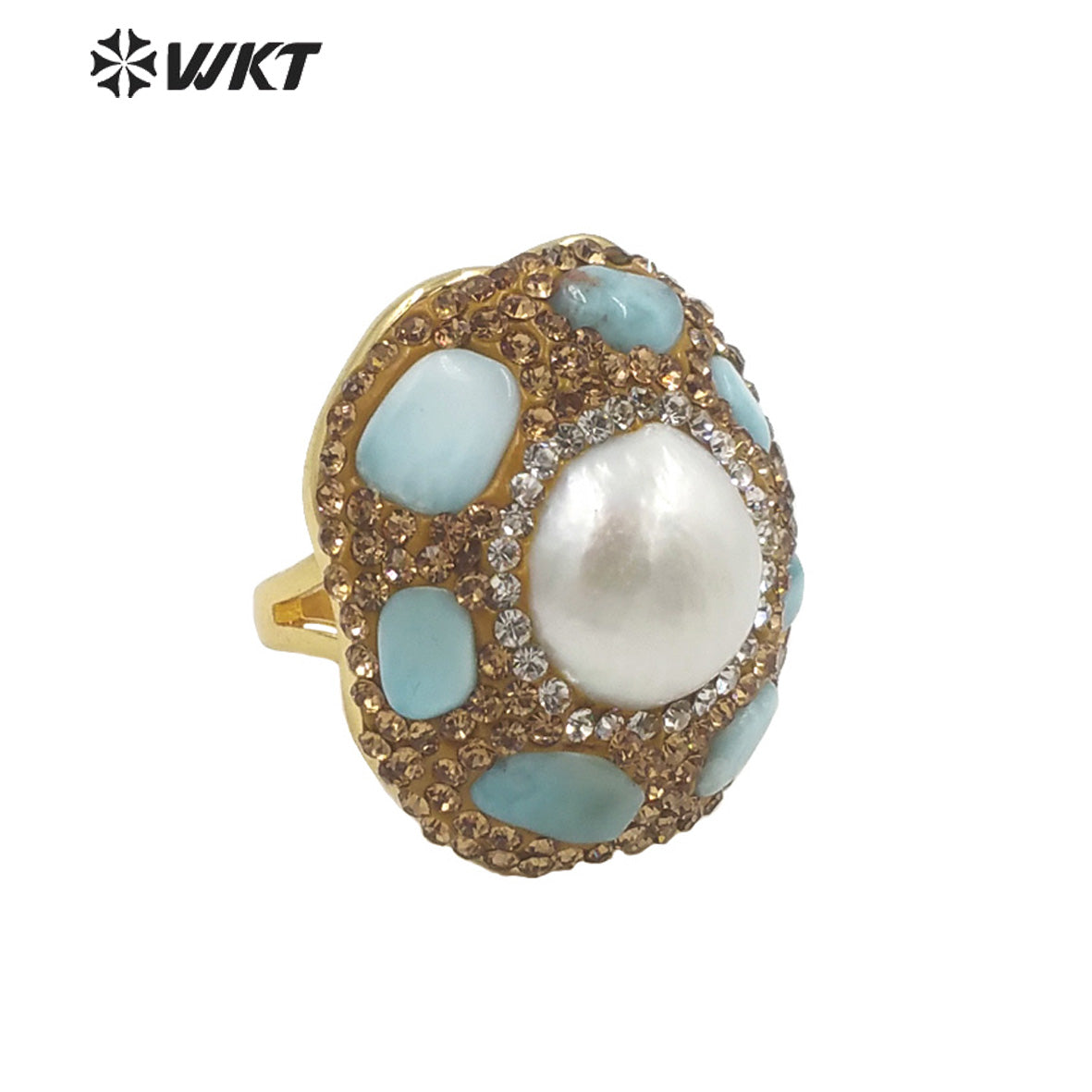 WT-R445 Wholesale Fashion 18k Gold Plated Gorgeous Rhinestone Decorative Turquoise Pearl Party Ring Daily Wearing Women Rings