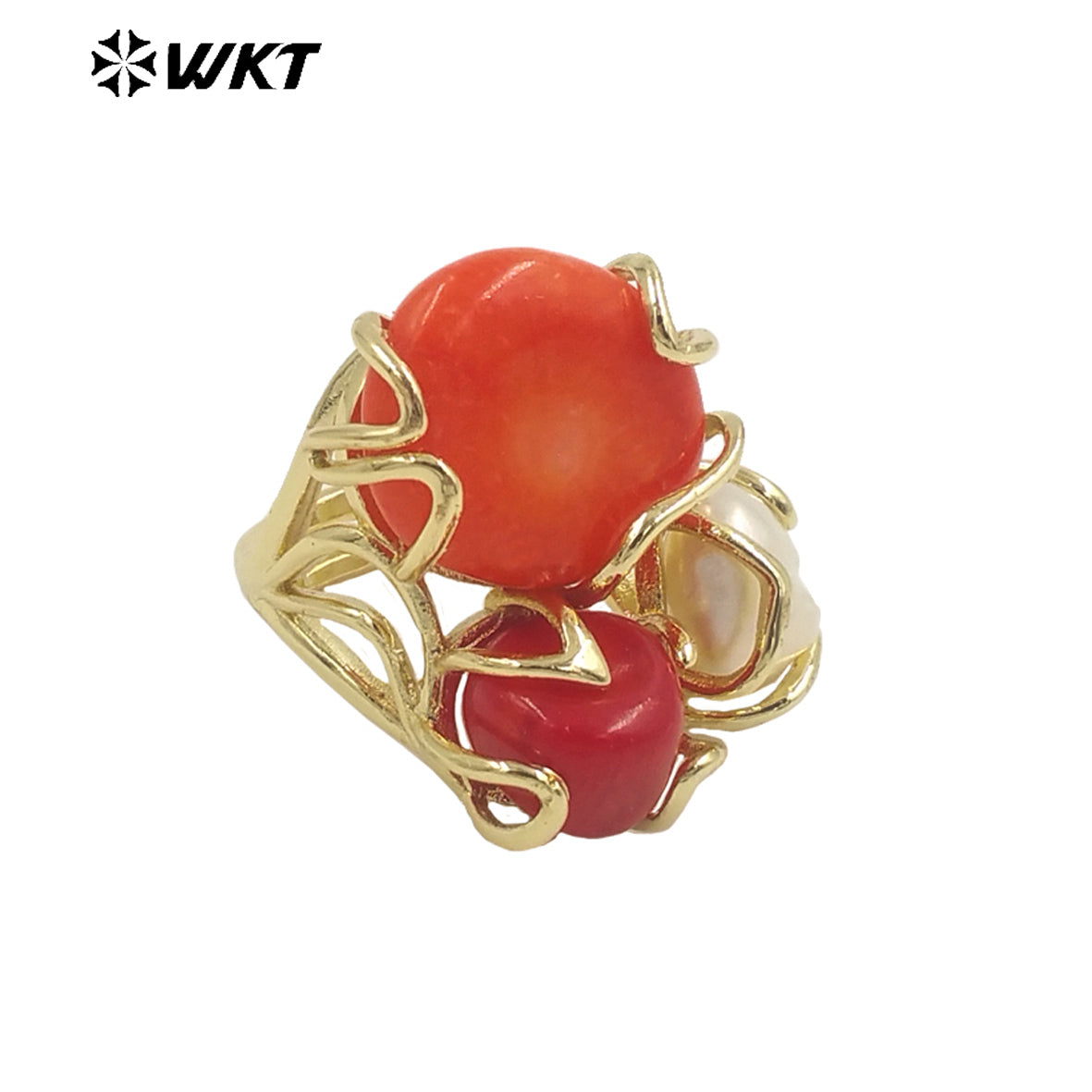 WT-MPR055 WKT Newest 18k Real Gold Plated Triple Stone Ring Lovely Women Natural Coral and Pearl Boho Ring for Gift
