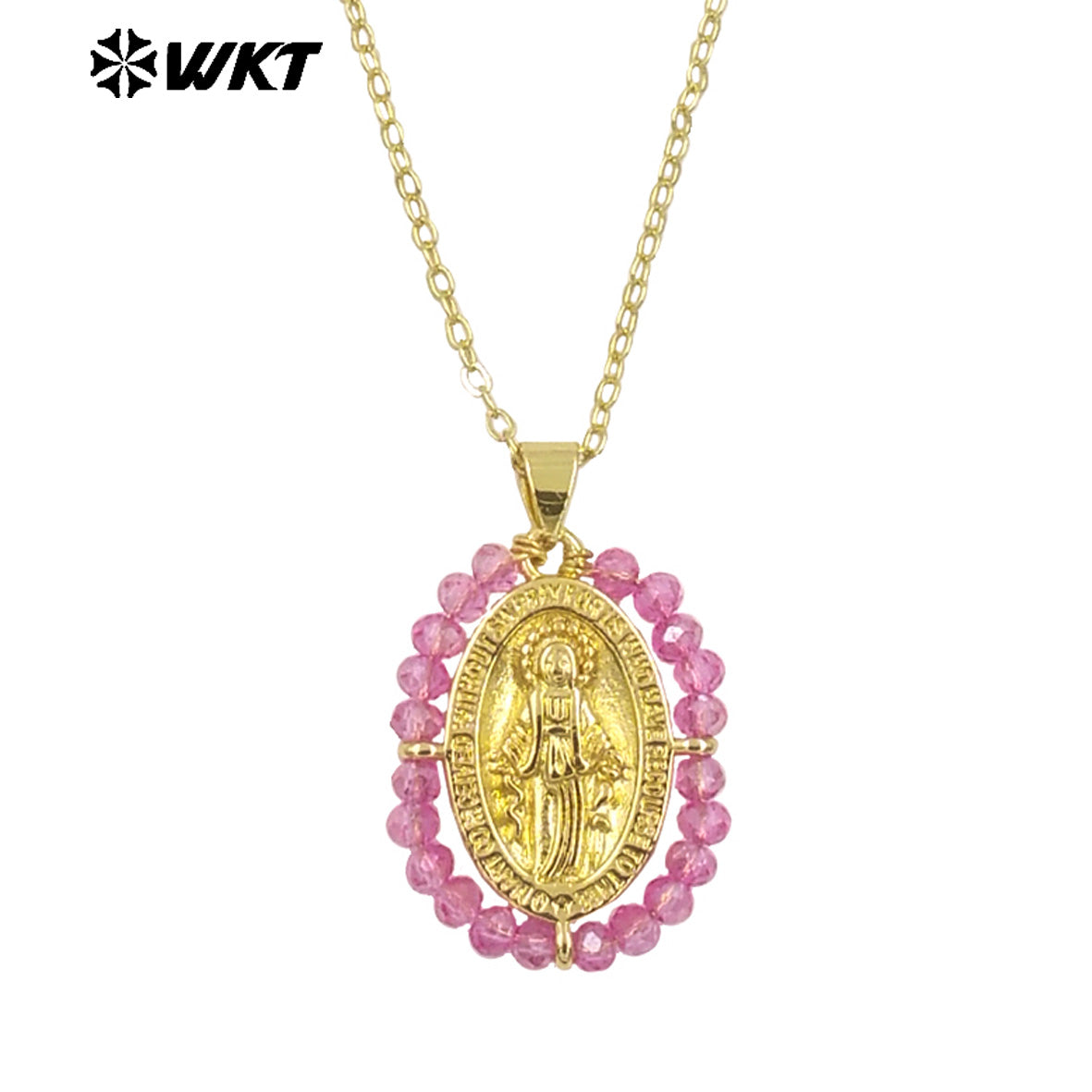 WT-MN985 WKT New Hot Design Christian Metal Carved With Colorful Crystal Beads Wire Wrapped Religious Necklace