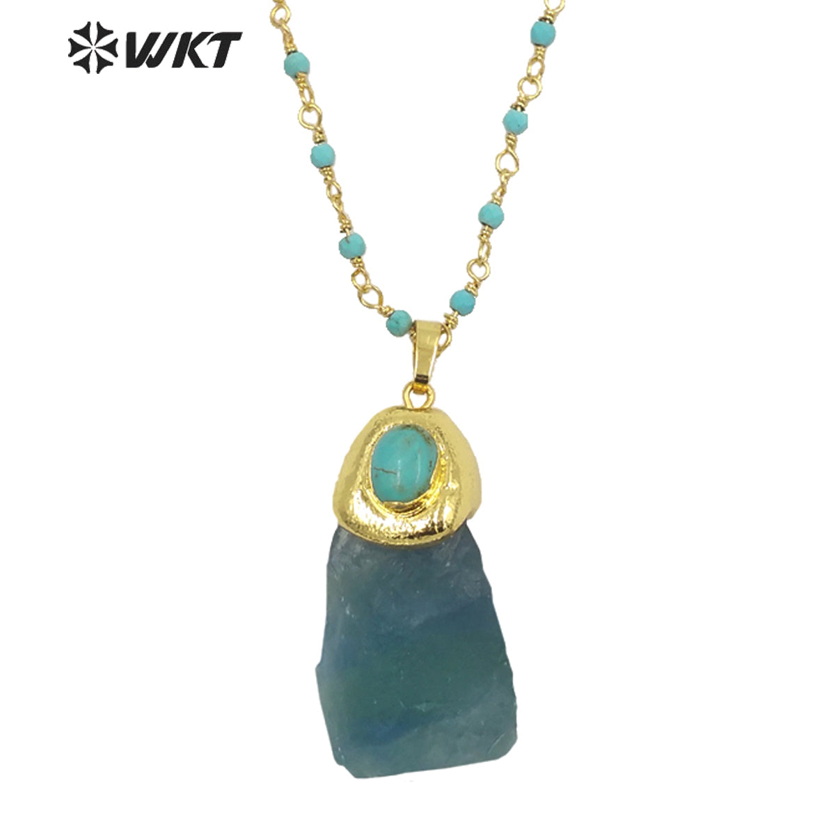 WT-N1288 Amazing Natural Raw Blue Fluorite Stone Necklace with Turquoise Charm High Fashion Gold Plated Gemstone Necklace