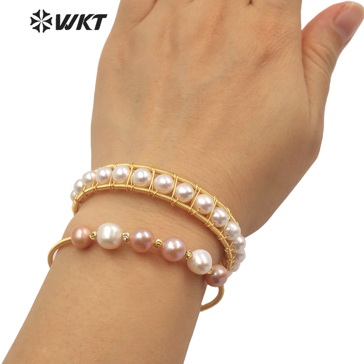 WT-MPB032 High Populared Gold Wire Wrapped Natural Round Freshwater Pearl Bangle Fashion Tiny Elegant Pearl Beads Bangle