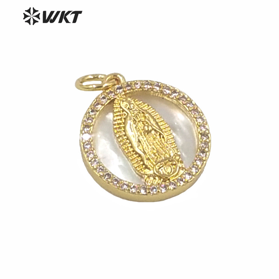 WT-MP156 WKT New Charming 15MM Natural Round Mop Shell Pendants Fashion Populared White Shell Gold Virgin Mary Pendants