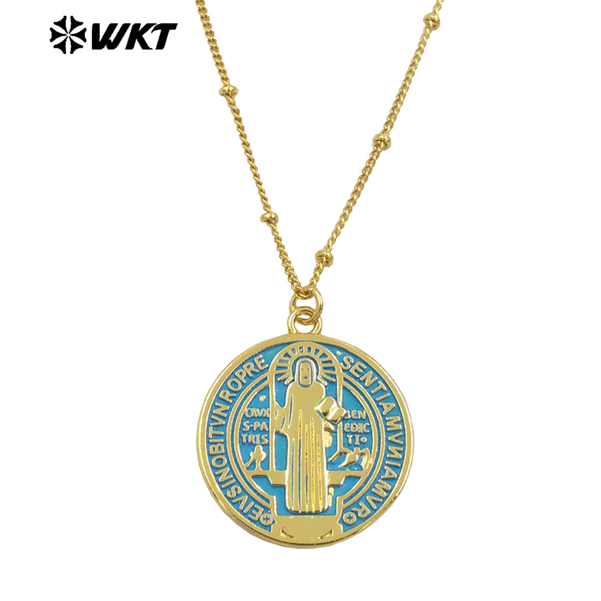 WT-MN992 Wholesale Fashion Gold Plated Round St Benedict Medal Religious Necklace in Drop Oil Craft