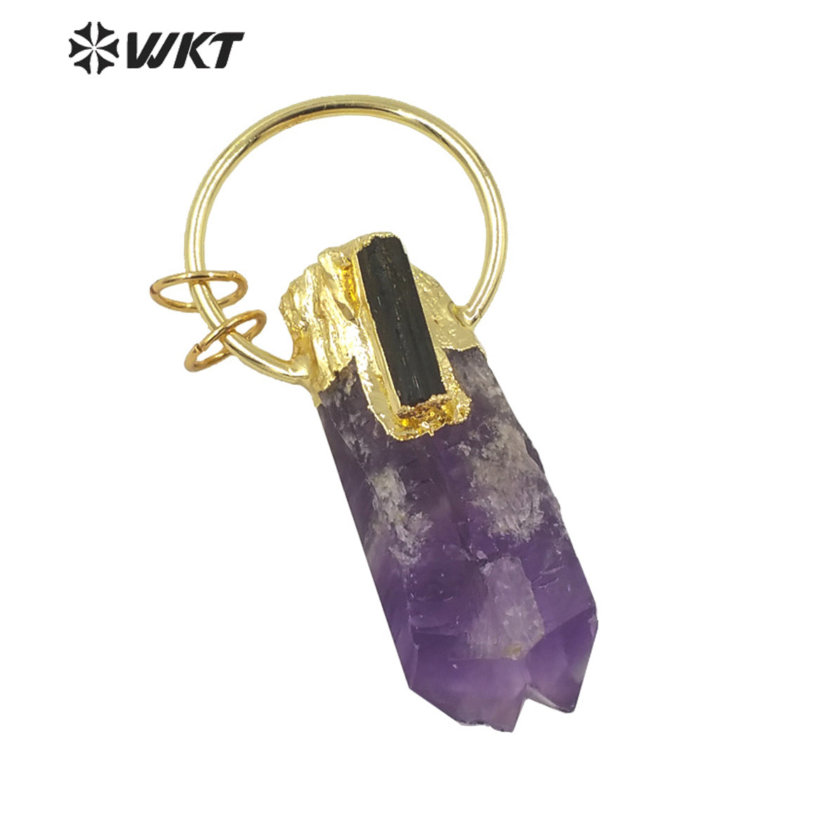 WT-P1624 Amazing Big Ring Decorated Natural Stone Amethyst Point Pendant With Black Tourmaline Women Fashion Gold Stone Pendant