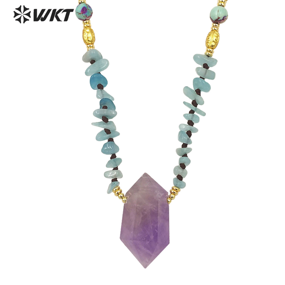 WT-N1377 Fashion Gemstone Bead Chain Quartz Bead With 18k Real Gold Plated Necklace Amethyst Pendant Natural Crystal Necklace
