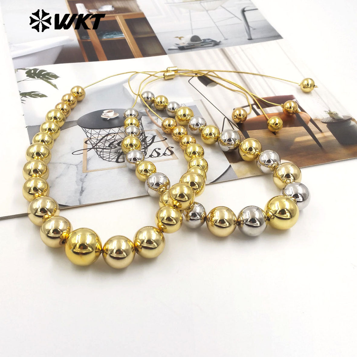 WT-JFN17 Have a Sense of Hierarchy 18K Real Gold Plated Round Brass Beads Chain Connect Statement Beads Necklace