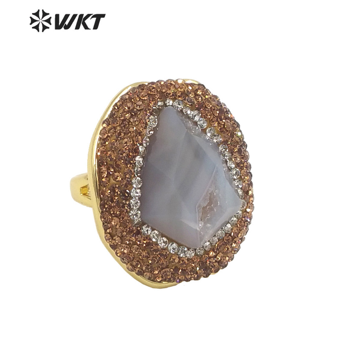 WT-R497 New Popular Gorgeous 18K Real Gold Plated Natural Grey Druzy Geode Agate Arrow Shape With Rhinestone Set Jewelry Ring