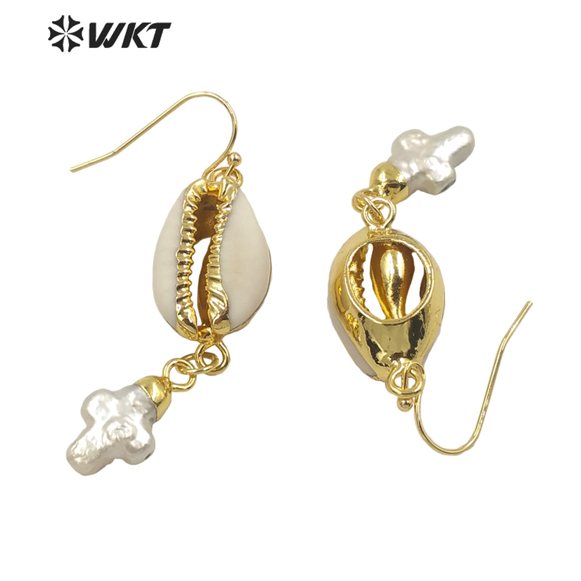 WT-MPE058 Gorgeous 18k Gold Electroplated Resist Tarnishable Natural Cowrie Shell with Pearl Charm Earrings Lady Shell Earrings