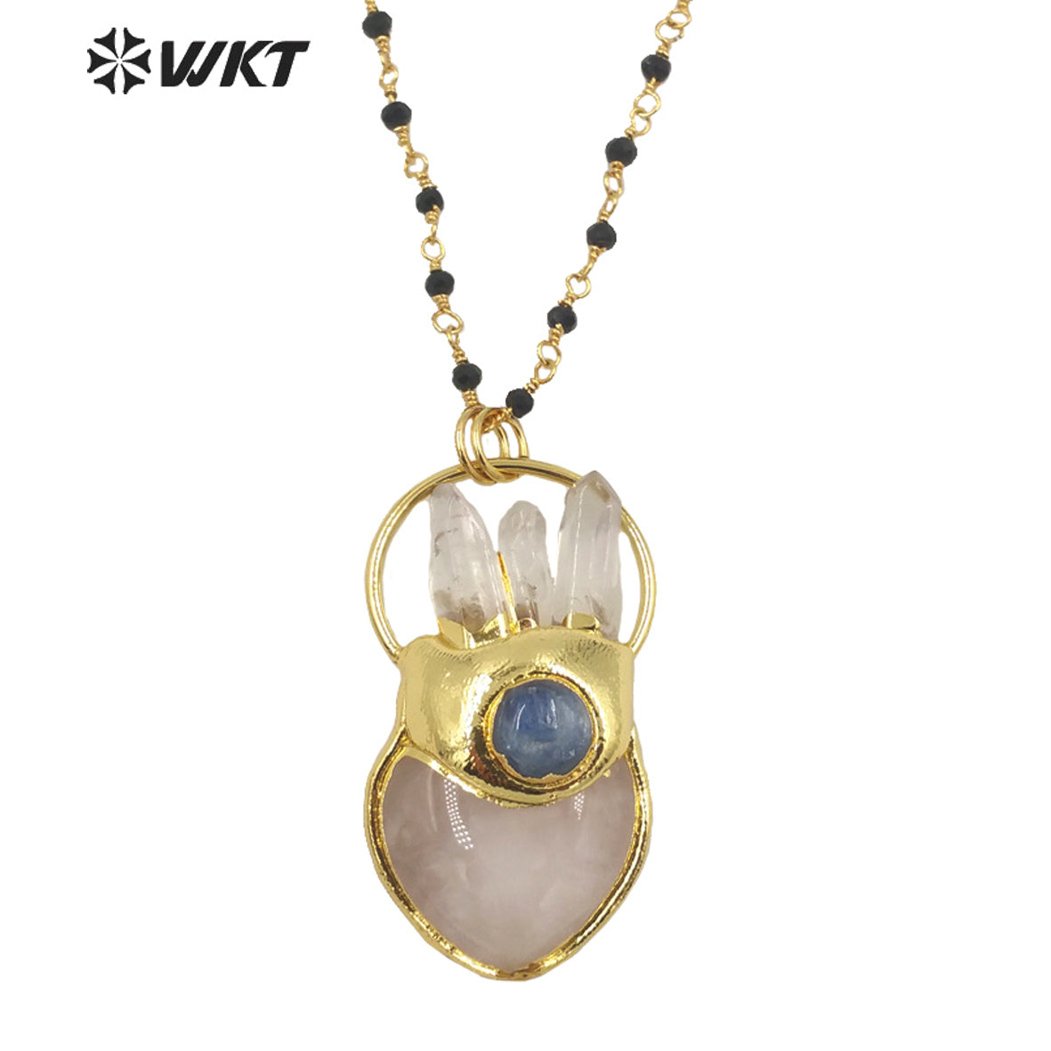 WT-N1348 WKT 2022 Fashion 18k Real Gold Plated Rose Quartz Heart Statement Necklace Women Big Natural Stone Pendant Necklace