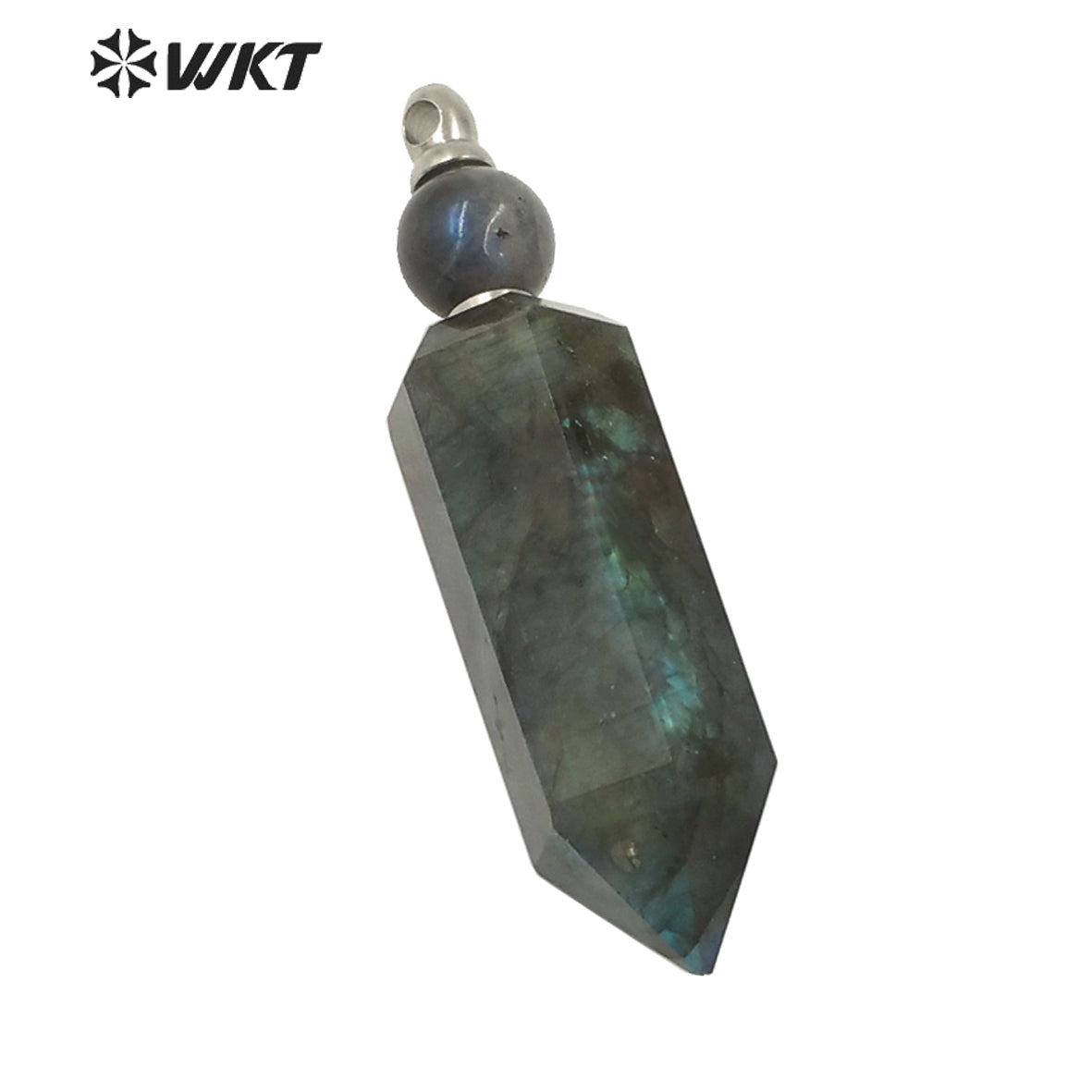 WT-P1619 Amazing Stainless Steel Hexagonal Natural Labradorite Stone Perfume Bottle Pendant Fashion Steel Spirit Point Bottle