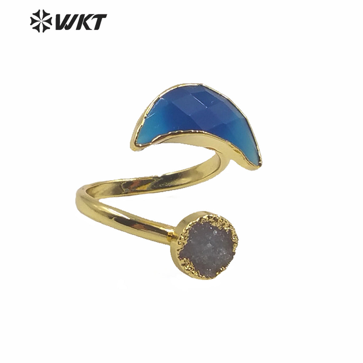 WT-R357 Wholesale Women Double Stone Cock Tail Ring Natural Gold Electroplated Druzy Agate Stone Ring Crescent Horn Stone Rings