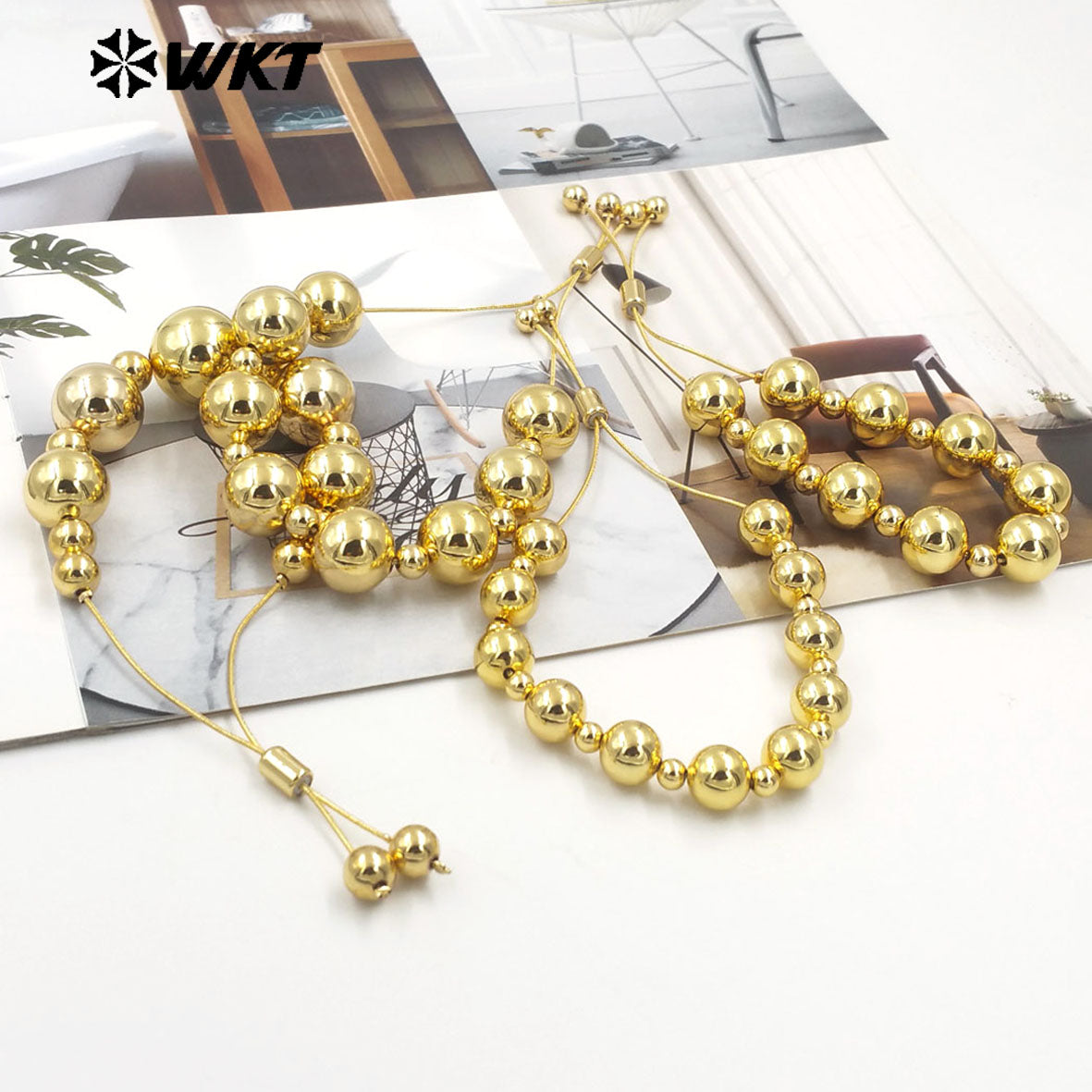 WT-JF347 New Popular Design Different Size Brass Round Beads Handmade Chain Bracelet in Adjustable for Women