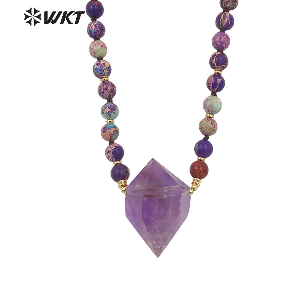 WT-N1374 Charming Natural Amethyst Pendant Bohemia Bead Chain Colorful Jasper Bead Necklace Women Gifts Natural Crystal Necklace