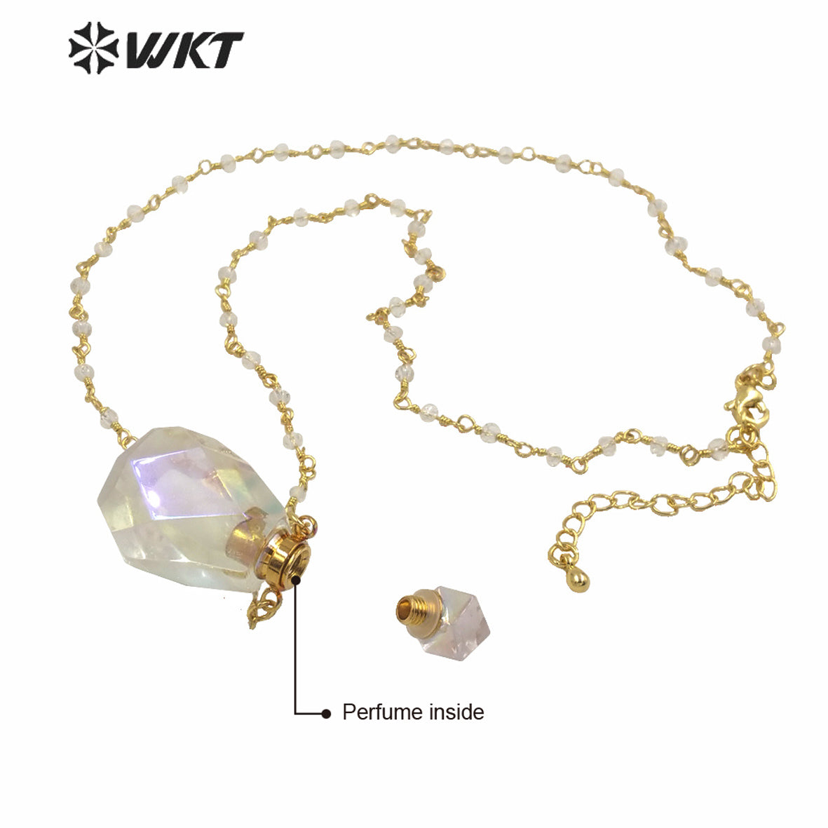 WT-N1235 NEWEST WKT Fashion Gold Electroplated Faceted Aura Crystal Quartz Point Perfume Bottle Necklace As Gift