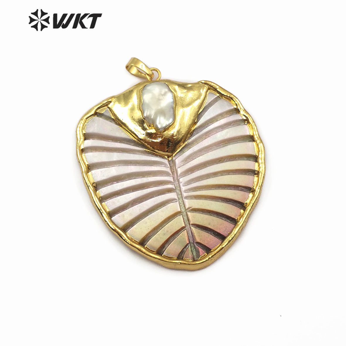 WT-JP100 Natural Color Leaf Shape and Grain Jewelry Necklace with 18K Gold Plated Edges and Pearl-embellished Shell Leaf Pendant