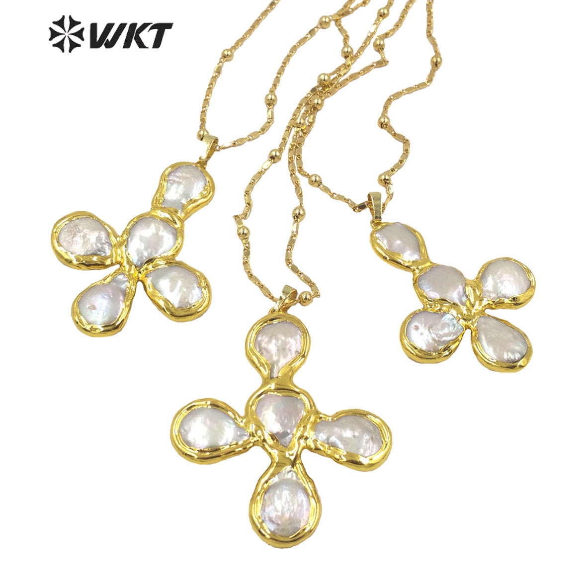 WT-JN168 WKT Drama Style Fashion Design Flower Shape Natural Freshwater Pearl Cross Necklace Jewelry Accessory Necklaces