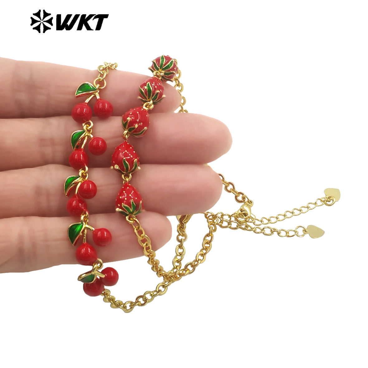WT-JF365 New Arrival Fruit Series Cherry And Strawberry Fashion Bracelet Yellow Brass With Drop Oil Gold Plated Ladies Accessory