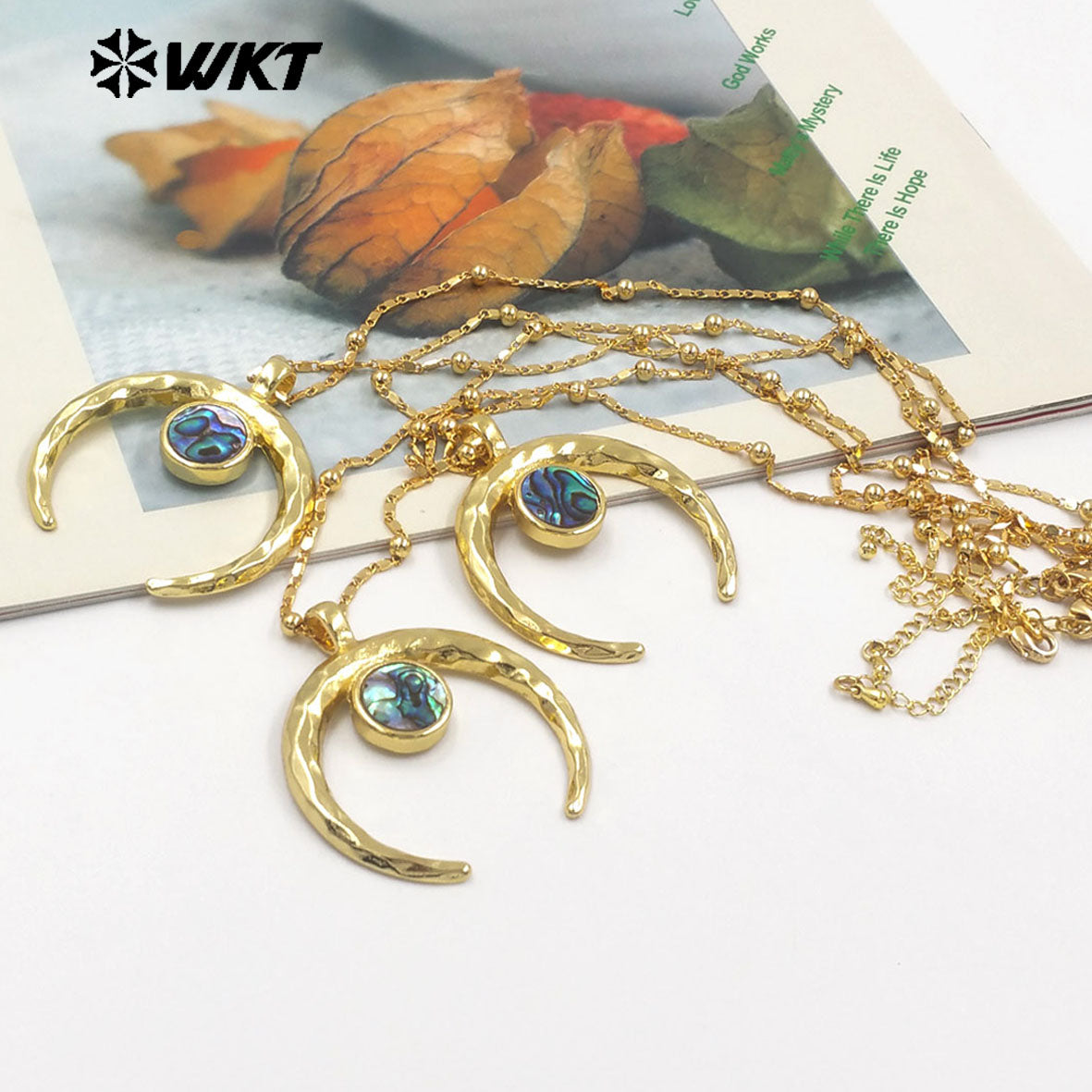 WT-JN275 Wholesale New Big Brass Gold Plated Natural Abalone Shell Crescent Horn Necklace for Women Jewelry