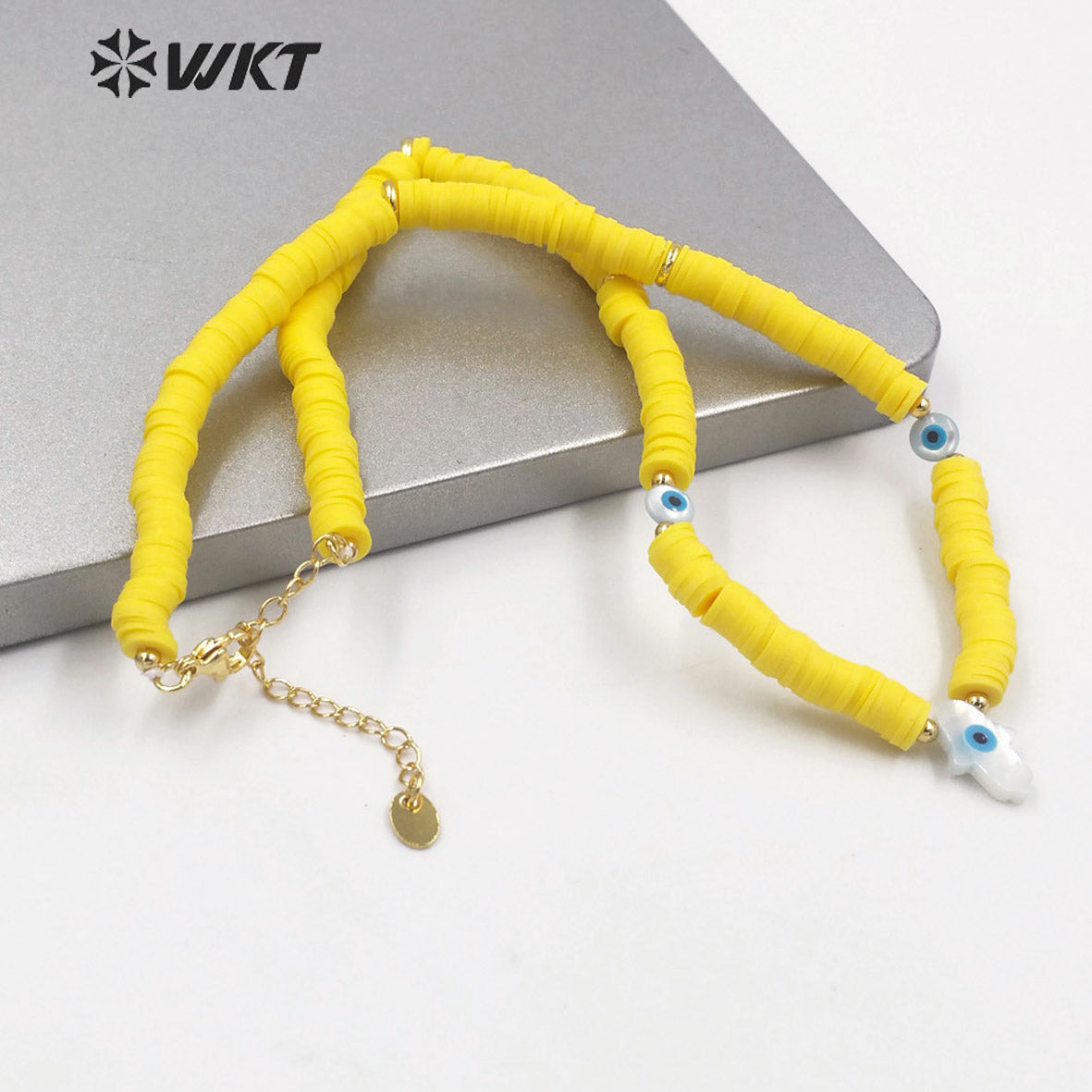 WT-JN196 Amazing New Design Healing Handsha Yellow Resin Beads Strand Necklace Natural Shell Made Hand Charm Pendant Necklace