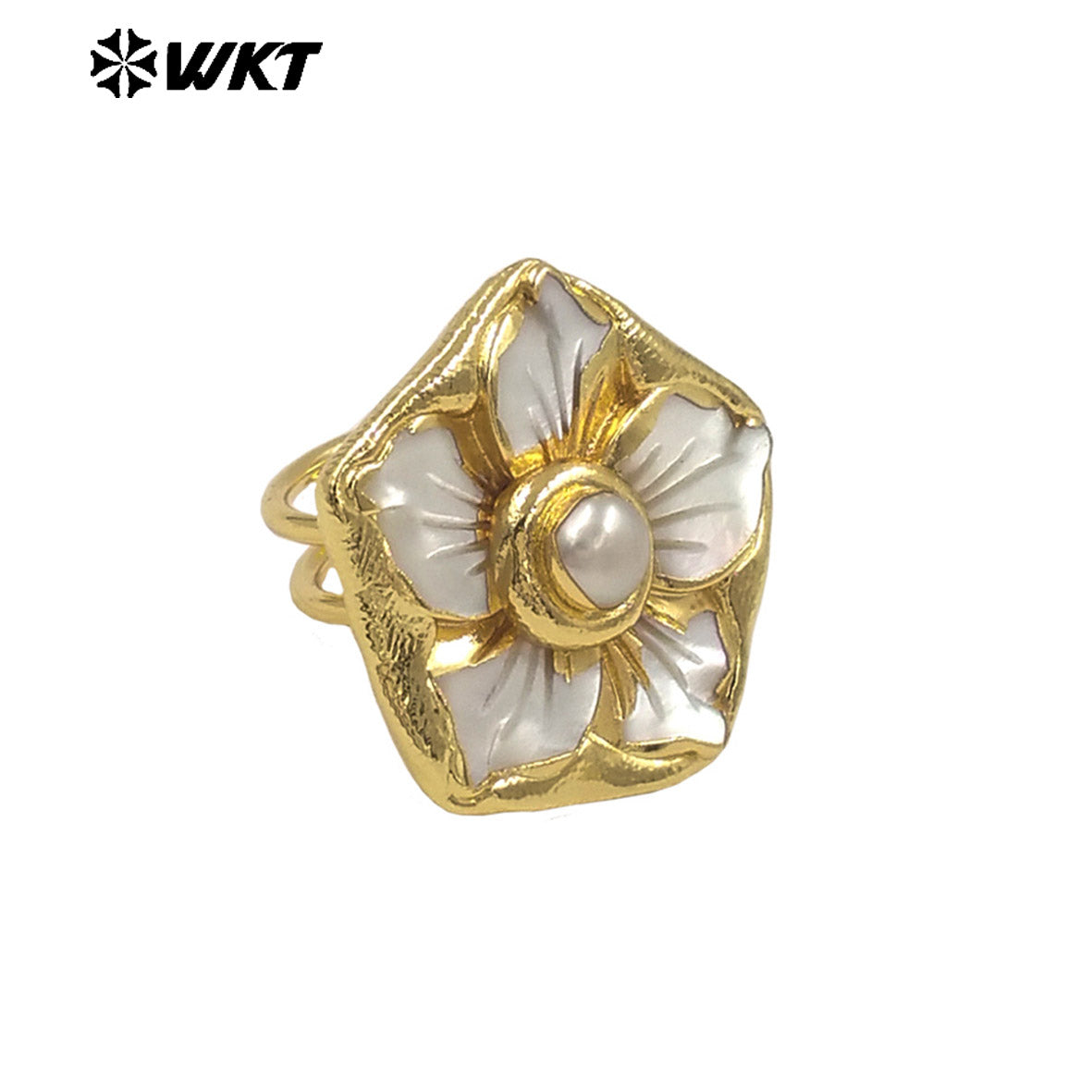 WT-MPR148 Beautiful Hand Carved Flower Shape Pink White Shell And Pearl 18K Gold Plated Rings For Ladies Elegant Jewelry