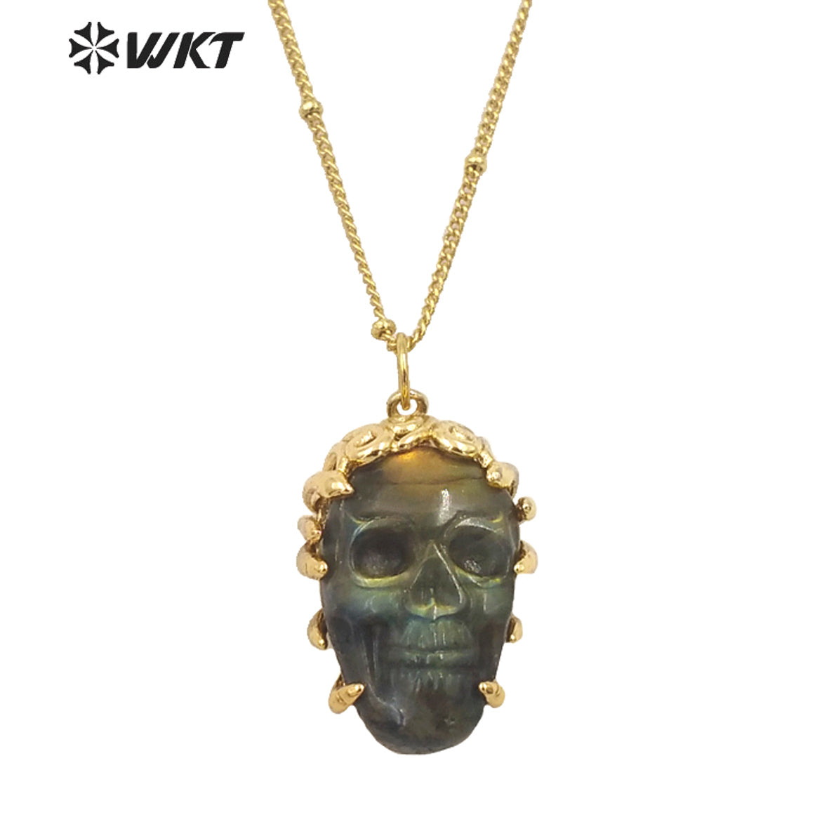 WT-N1462 Hollowen Unique Gift 18K Real Gold Plated Skull With Bezel Setting Labradorite Stone Pendant Necklace