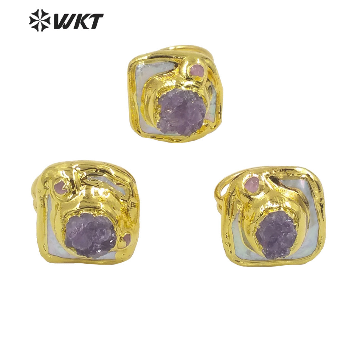 WT-MPR030 Sophisticated Design Ring Craft Pearl Ring Natural Stone Amethyst Shape 18k Gold Plated Women Stone Rings