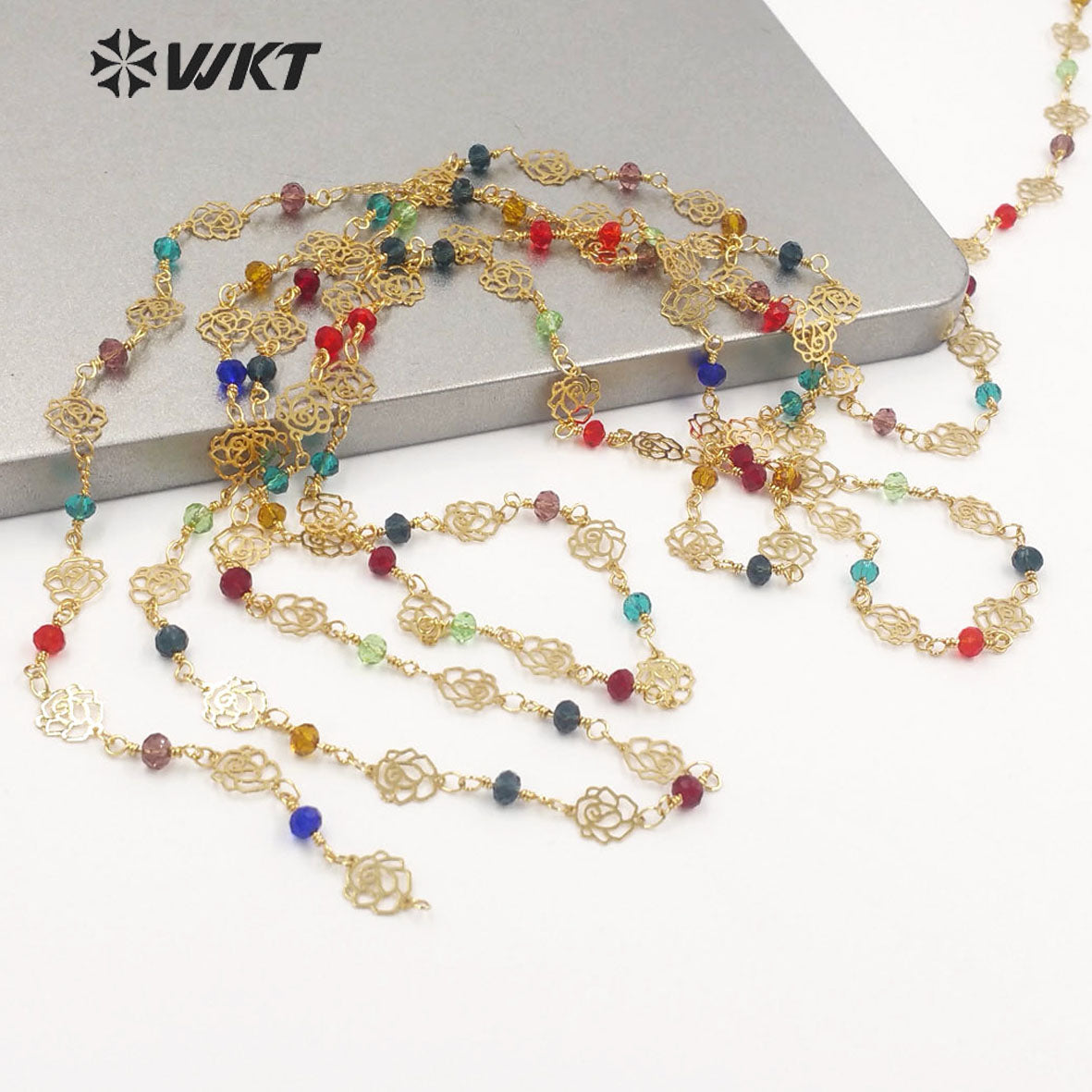 WT-RBC216 Amazing Gold Colorful Crystal Beads Rosary Chain with Rose Flower Chains DIY Jewelry Findings Beads Chain by Meters