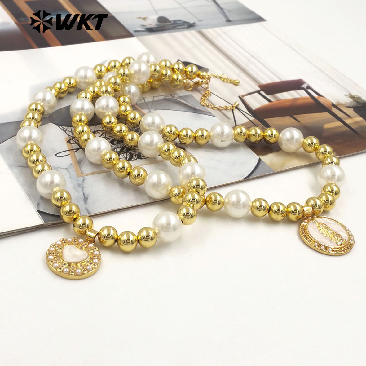 WT-JN304 Hot Sales 18K Gold Plated Natural Brass Round Beads Religious Bodhi Pearl Shell Necklace for Women As Daily Decoration