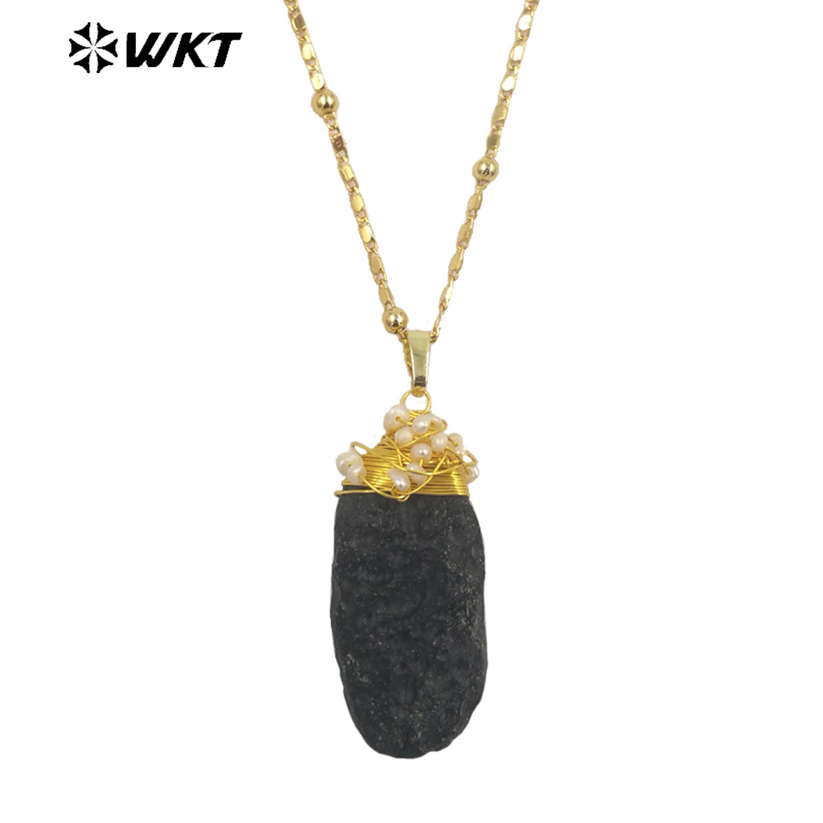 WT-N1426 Black Meteorite Necklace 20inch Long Boho Beads 18k Yellow Gold Beads Necklace Gemstone Casual Long Statement Necklace