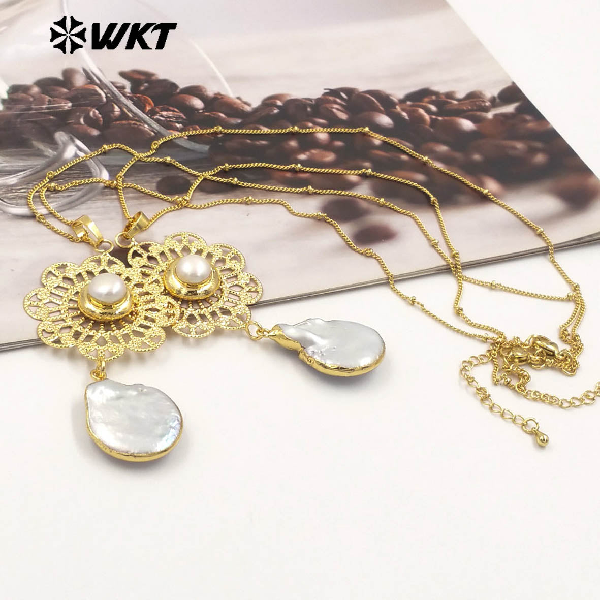 WT-JN269 Wholesale New Gorgeous 18K Real Gold Plated Natural Freshwater Pearl Pendant Necklace Anniversary Jewelry