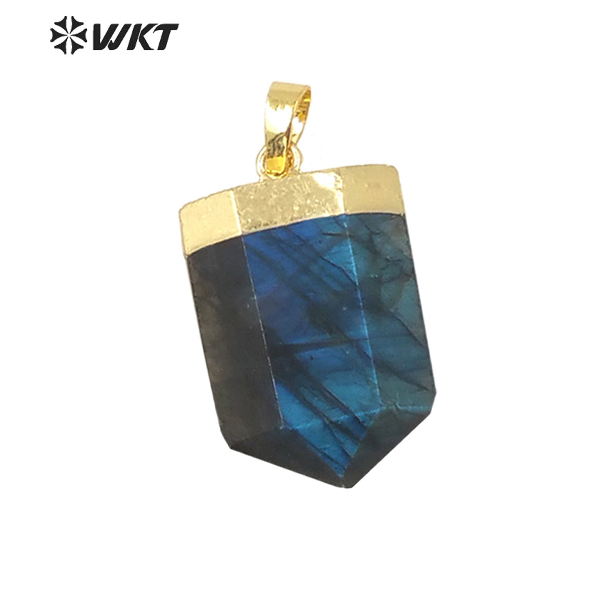 WT-P1844 WKT Newest Design Double Faceted Hexagon Shape Natural Labradorite Pendant 18k Gold Flash Stone Pendant