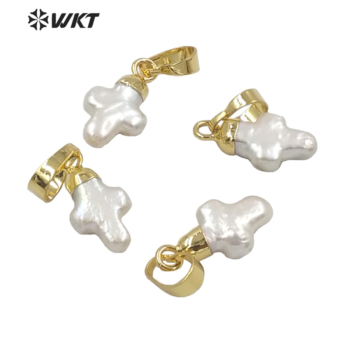 WT-JP246 WKT Newest Natural Freshwater Pearl Cross Pendant Fashion Lady Gold Top Single Loop White Pearl Charm Pendant in Cross