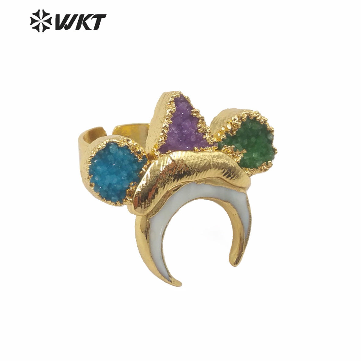WT-MPR004 Amazing Unique Natural Druzy Stone Crescent Moon Ring High Quality Gold Electroplated Triple Stone Druzy Ring