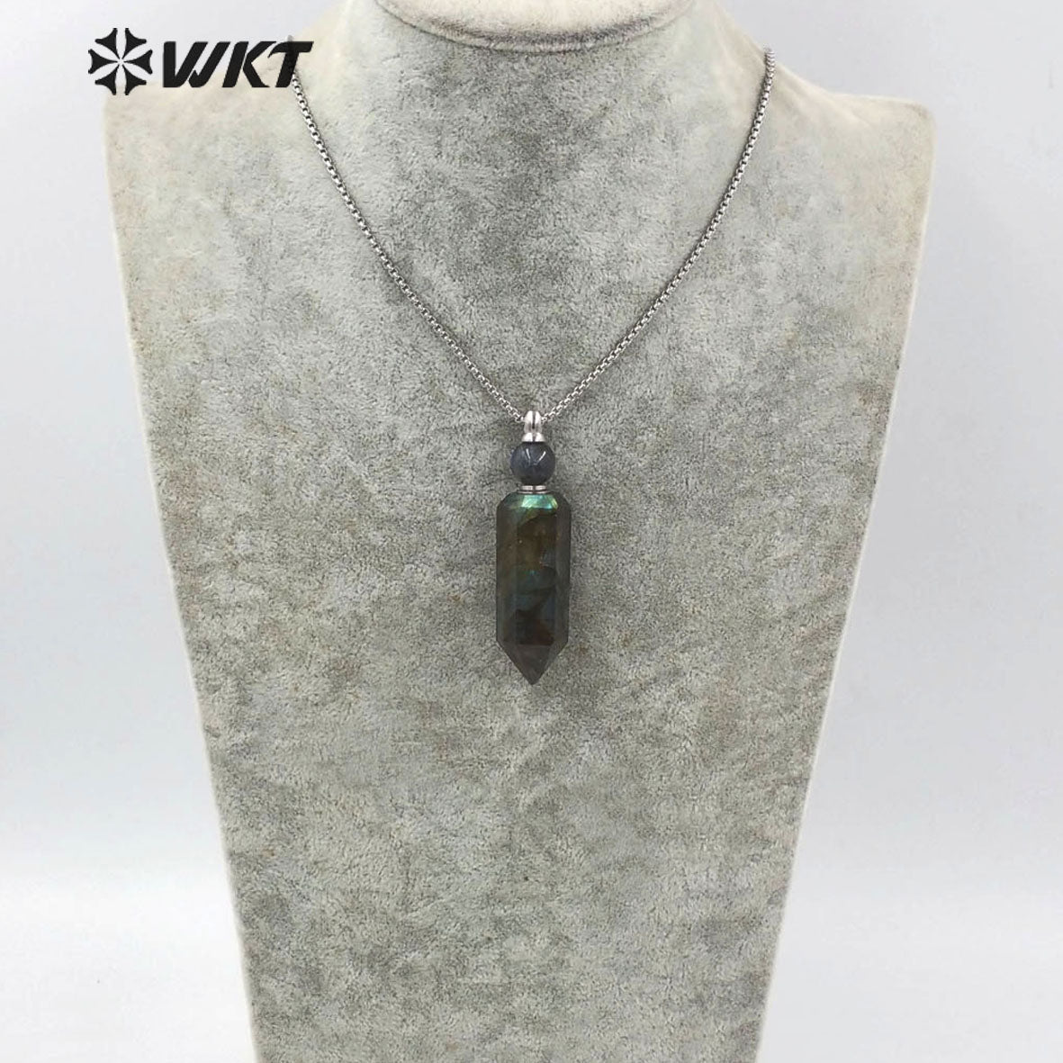 WT-N1257 Wholesale New Color Natural Labradorite Cube Stone Point Stainless Steel Perfume Bottle Necklace for Women