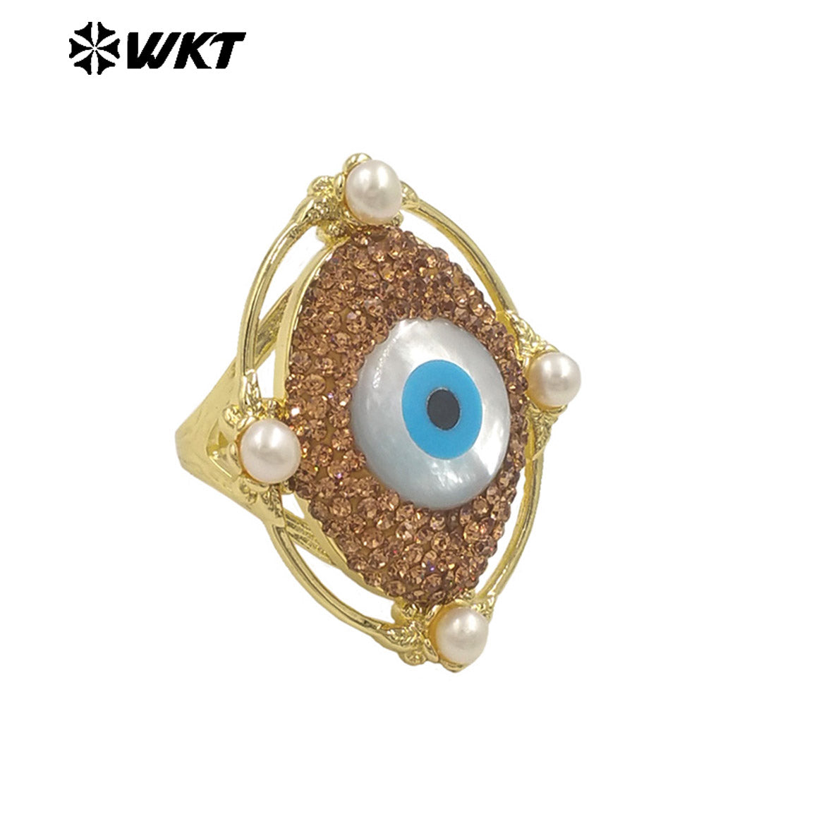 WT-MPR116 New Design Vintage Eye 18K Gold Plated Round Pearl Rhinestone Ring Niche Cultural Jewelry for Both Men and Women