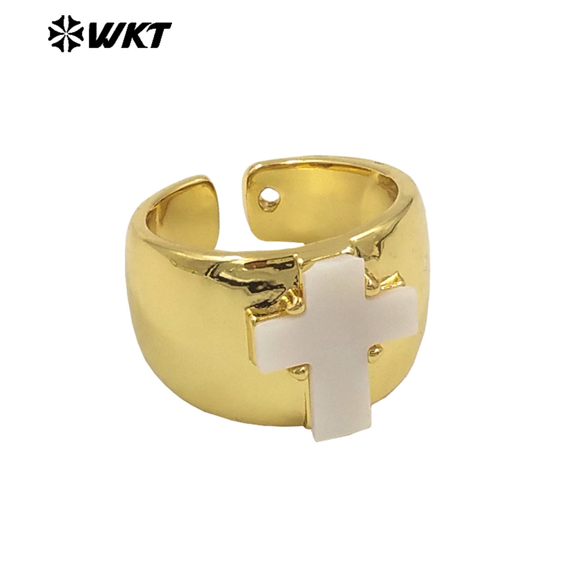 WT-MPR100 Wholesale New Religious Natural White Shell Made Cross Ring for Women 18K Real Gold Plated Brass Cocktail Wide Band