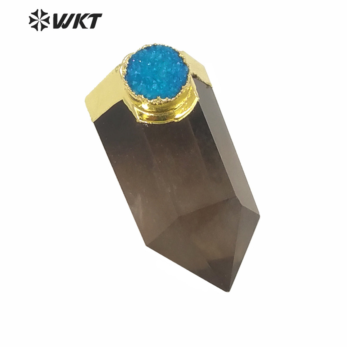 WT-P1607 Fashion Jewelry Gold Top Natural High Polish Smoky Quartz Point Pendant with Druzy Charm Women Popular Stone Spirit