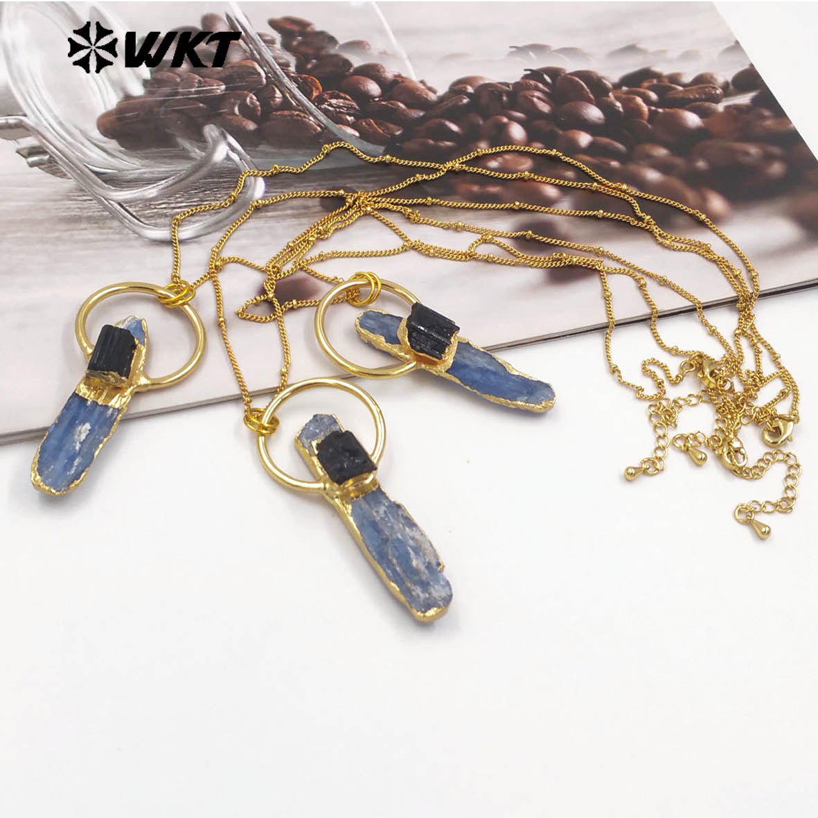 WT-N1471 Wholesale Fashion Design Natural Raw Blue Kyanite With Black Tourmaline Charm Vintage Boho Necklace